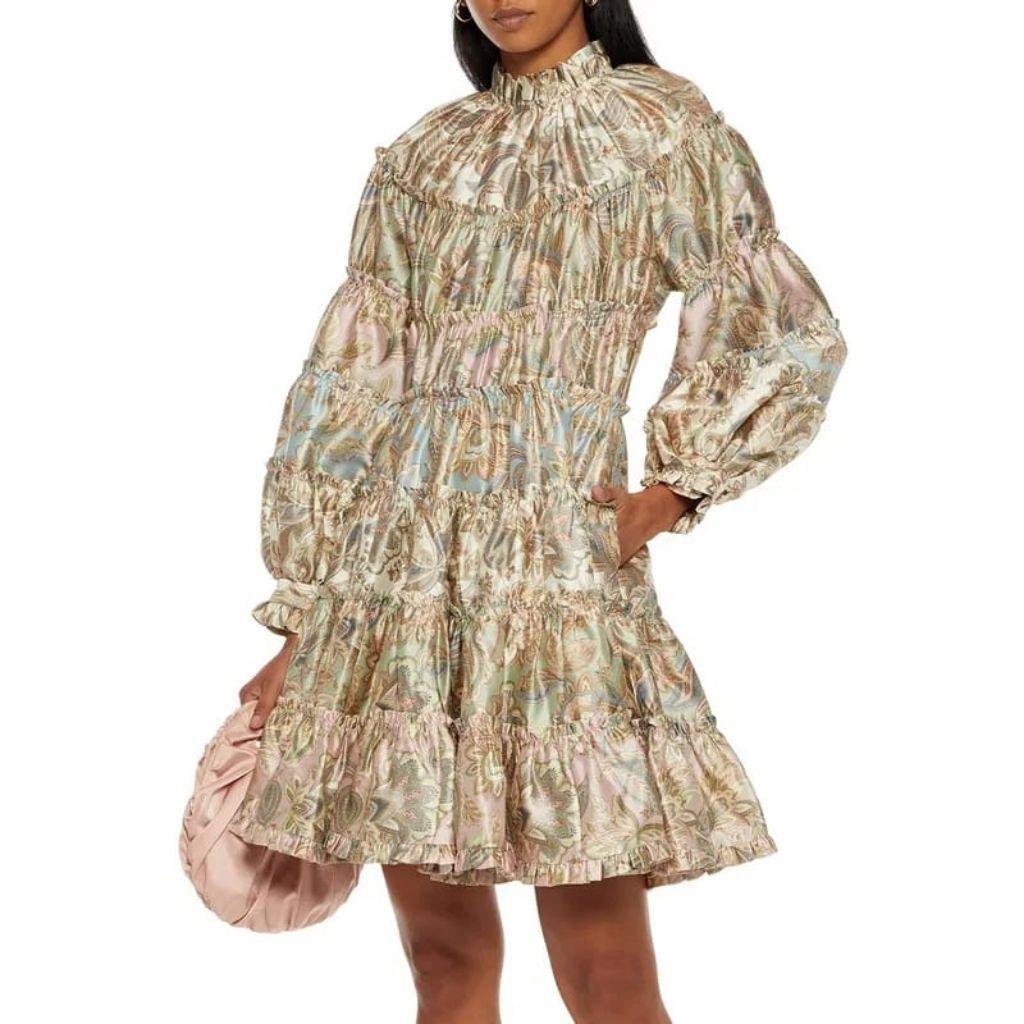 Zimmermann Ladybeetle tiered printed wool and silk blend satin-twill mini dress