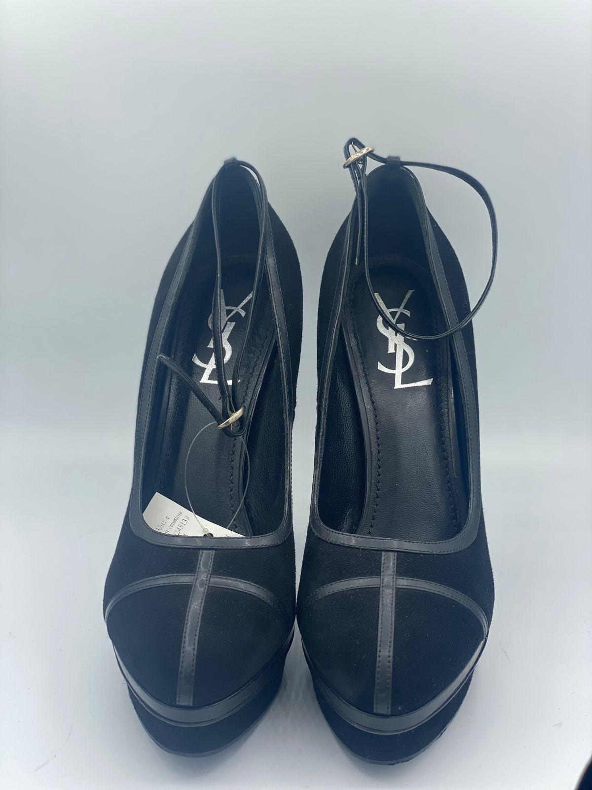 Yves Saint Laurent Paris Black Suede and Patent Leather Trim Platform Pumps thumbnail 3