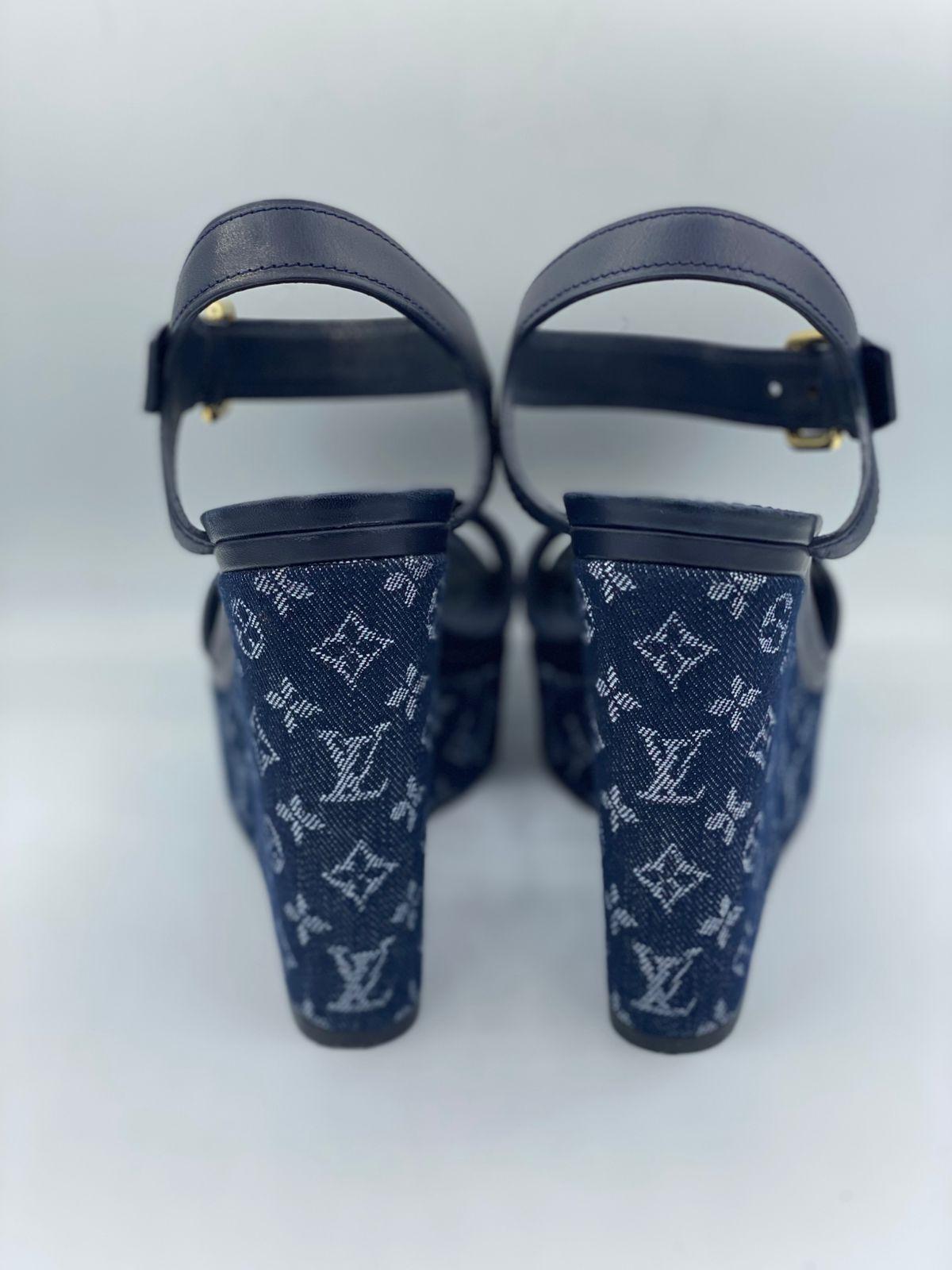 Louis Vuitton Navy Blue Leather and Monogram Denim Waterfall Sandals thumbnail 2