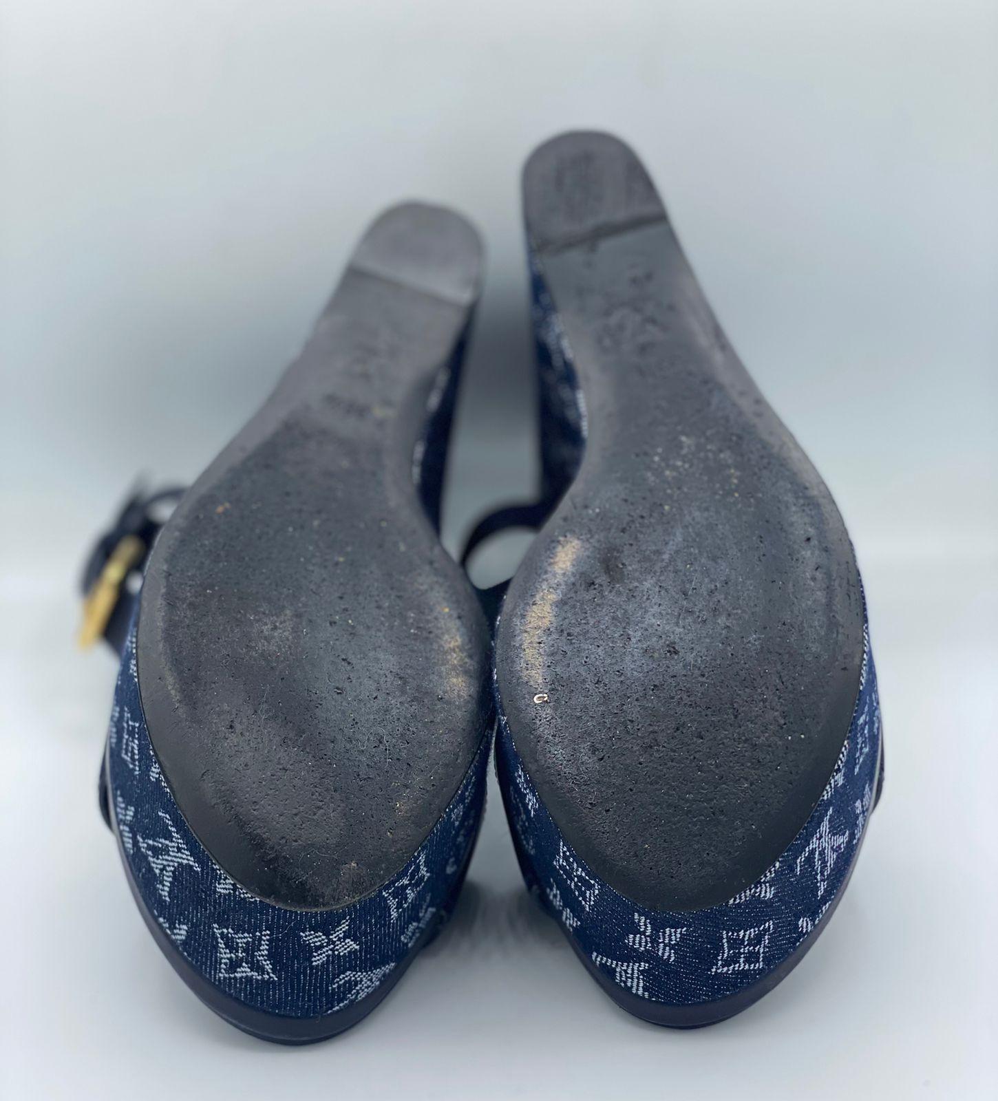 Louis Vuitton Navy Blue Leather and Monogram Denim Waterfall Sandals thumbnail 3