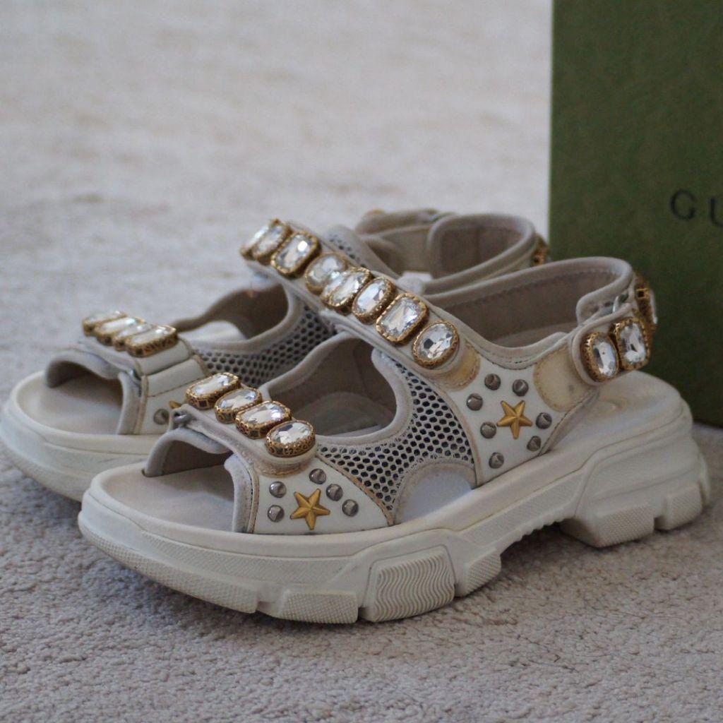 Gucci White Leather and Mesh Crystal Sandals