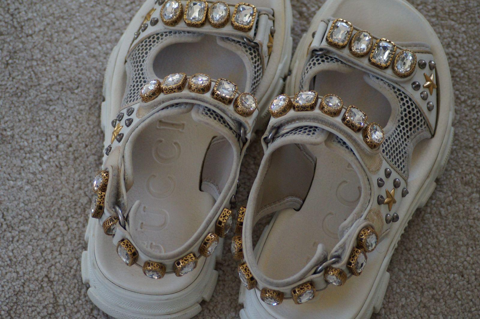 Gucci White Leather and Mesh Crystal Sandals thumbnail 4