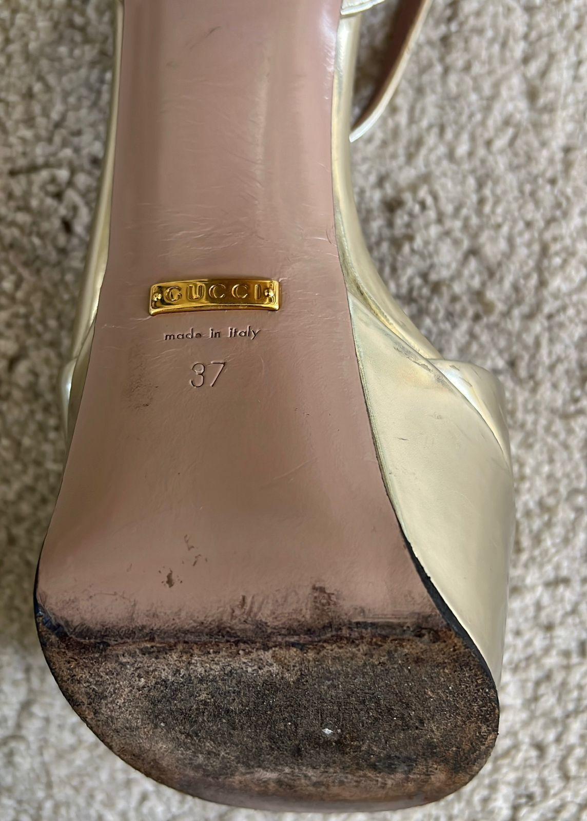 Gucci Metallic Gold Leather Claudia Horsebit Platform Sandals thumbnail 3