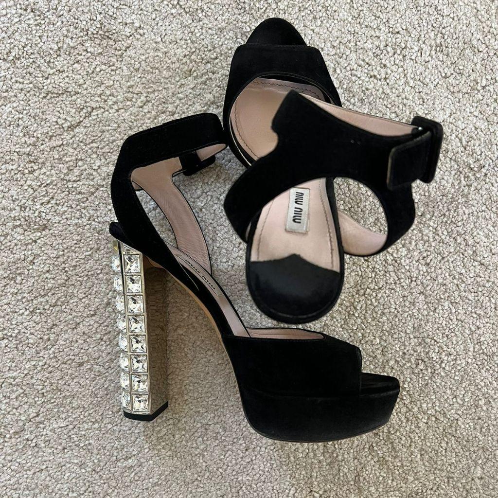 Miu Miu Black Suede Embellished Block Heel Peep Toe Platform Ankle Strap
