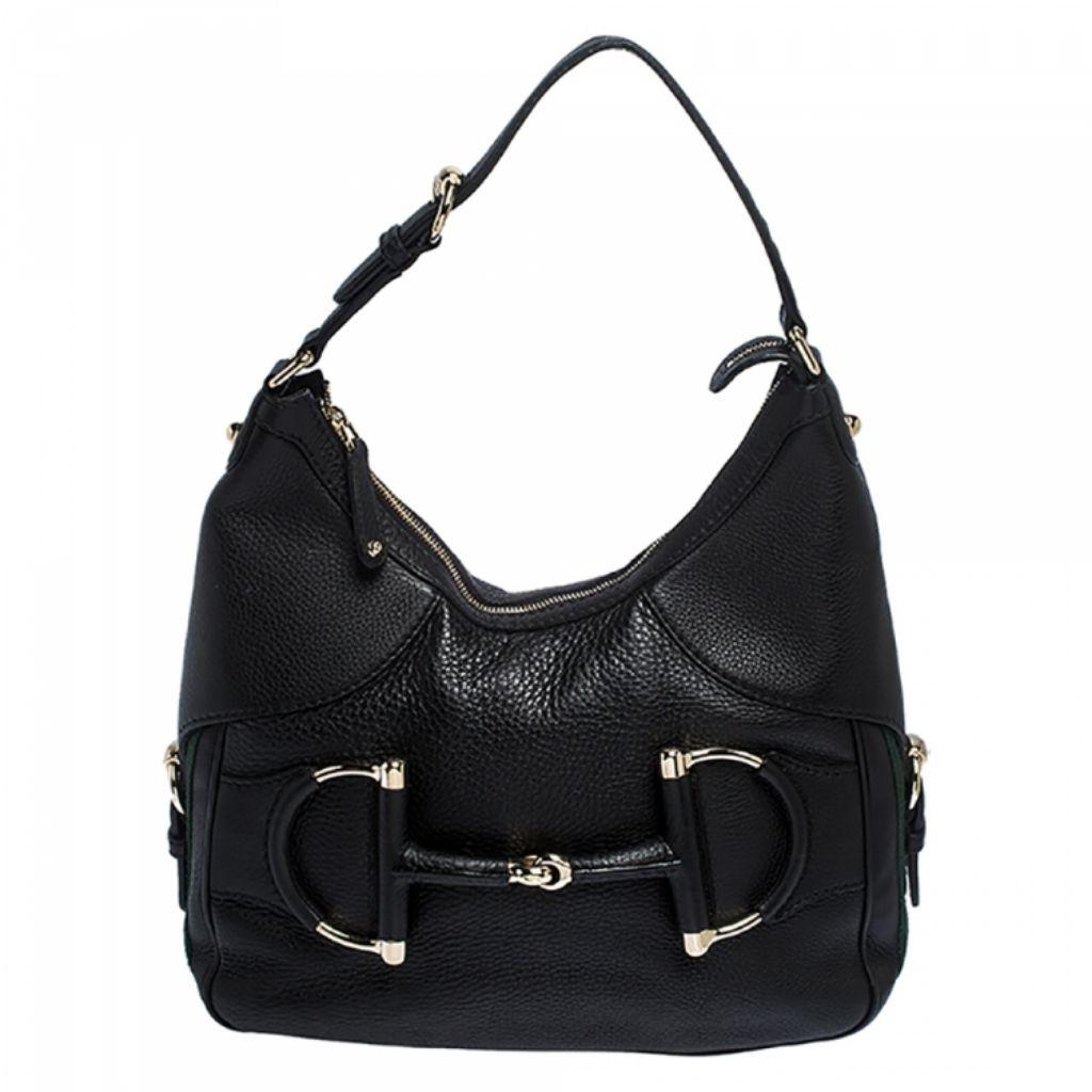 Gucci Black Leather Small Web Horsebit Heritage Hobo