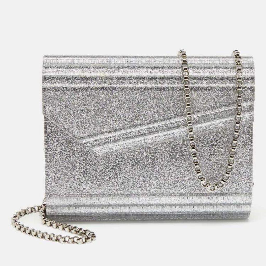 Jimmy Choo Silver Glitter Acrylic Candy Chain Clutch