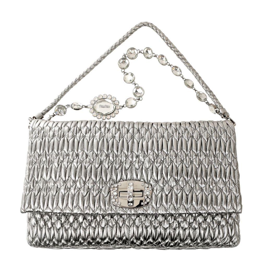Miu Miu Large Silver Iconic Crystal Cloquè Shoulder Bag with Silver Hardware