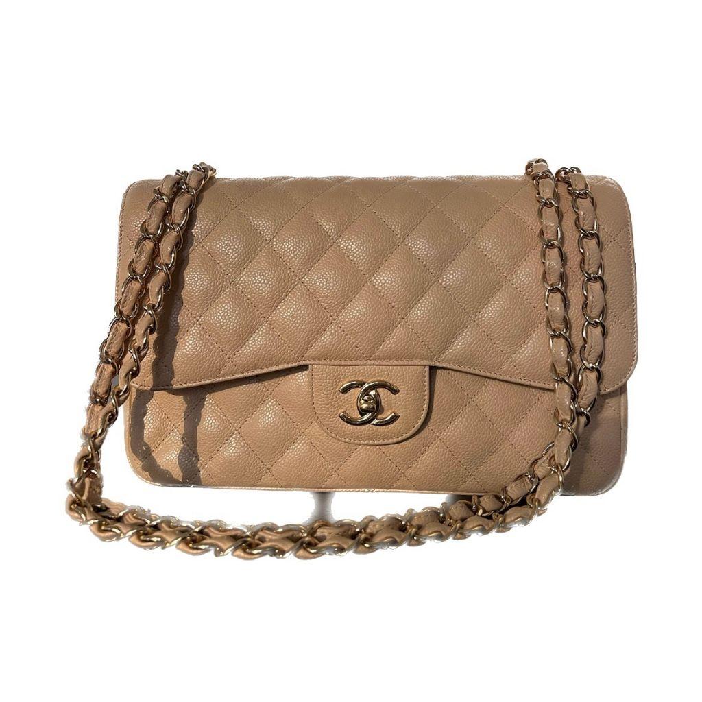 Chanel Beige Quilted Caviar Leather Jumbo Classic Flap Bag