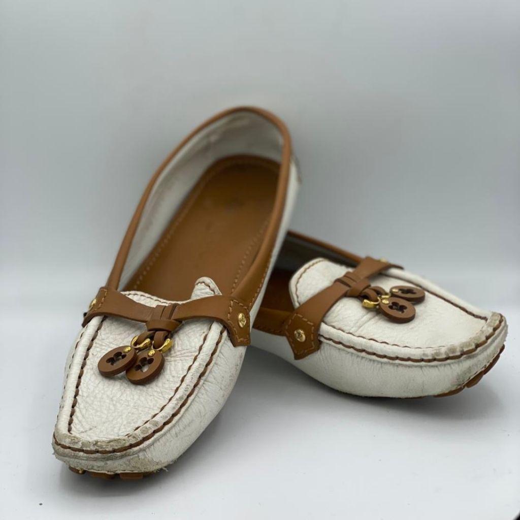 Louis Vuitton White/Brown Leather Slip On Loafers