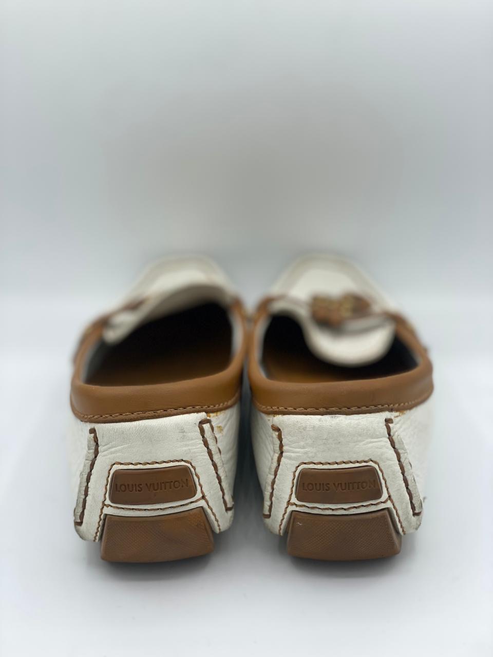 Louis Vuitton White/Brown Leather Slip On Loafers thumbnail 2
