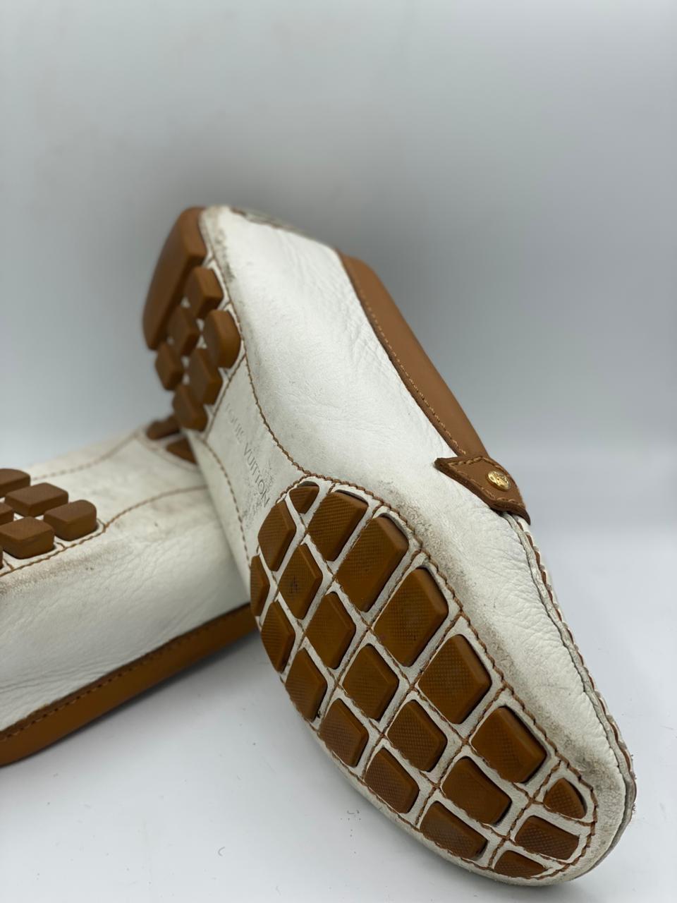 Louis Vuitton White/Brown Leather Slip On Loafers thumbnail 3