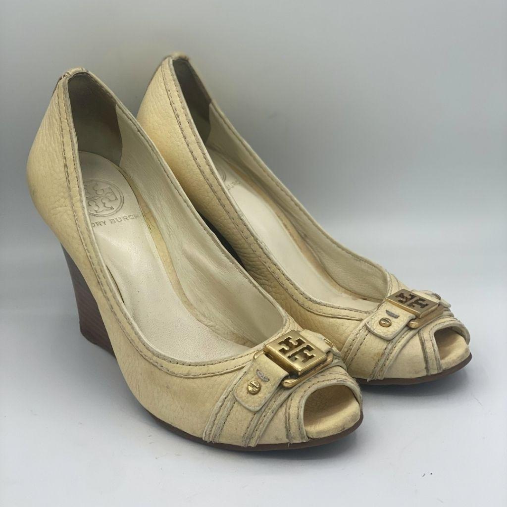 Tory Burch Cream Leather Peep Toe Pumps Size 37