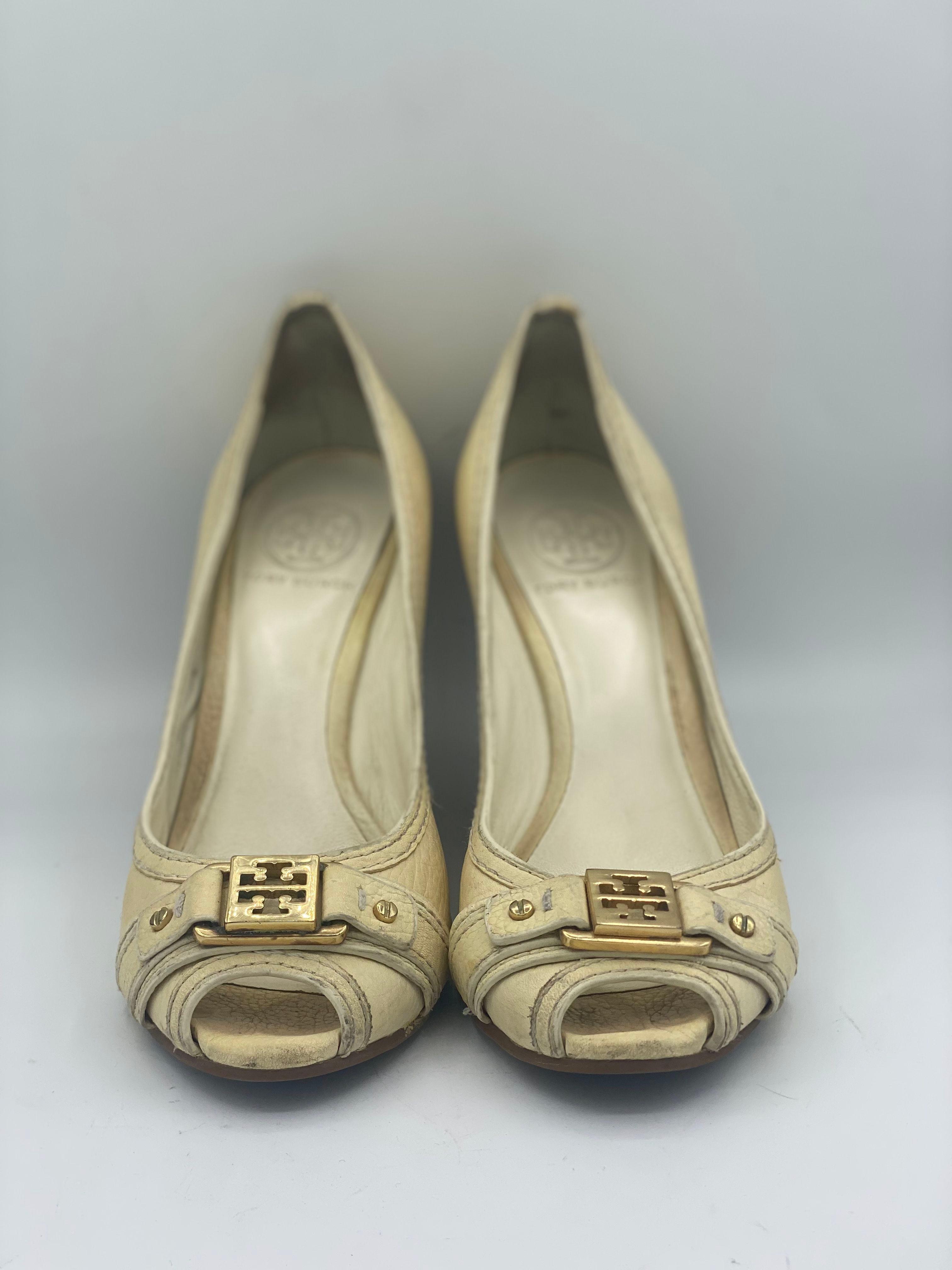 Tory Burch Cream Leather Peep Toe Pumps Size 37 thumbnail 2