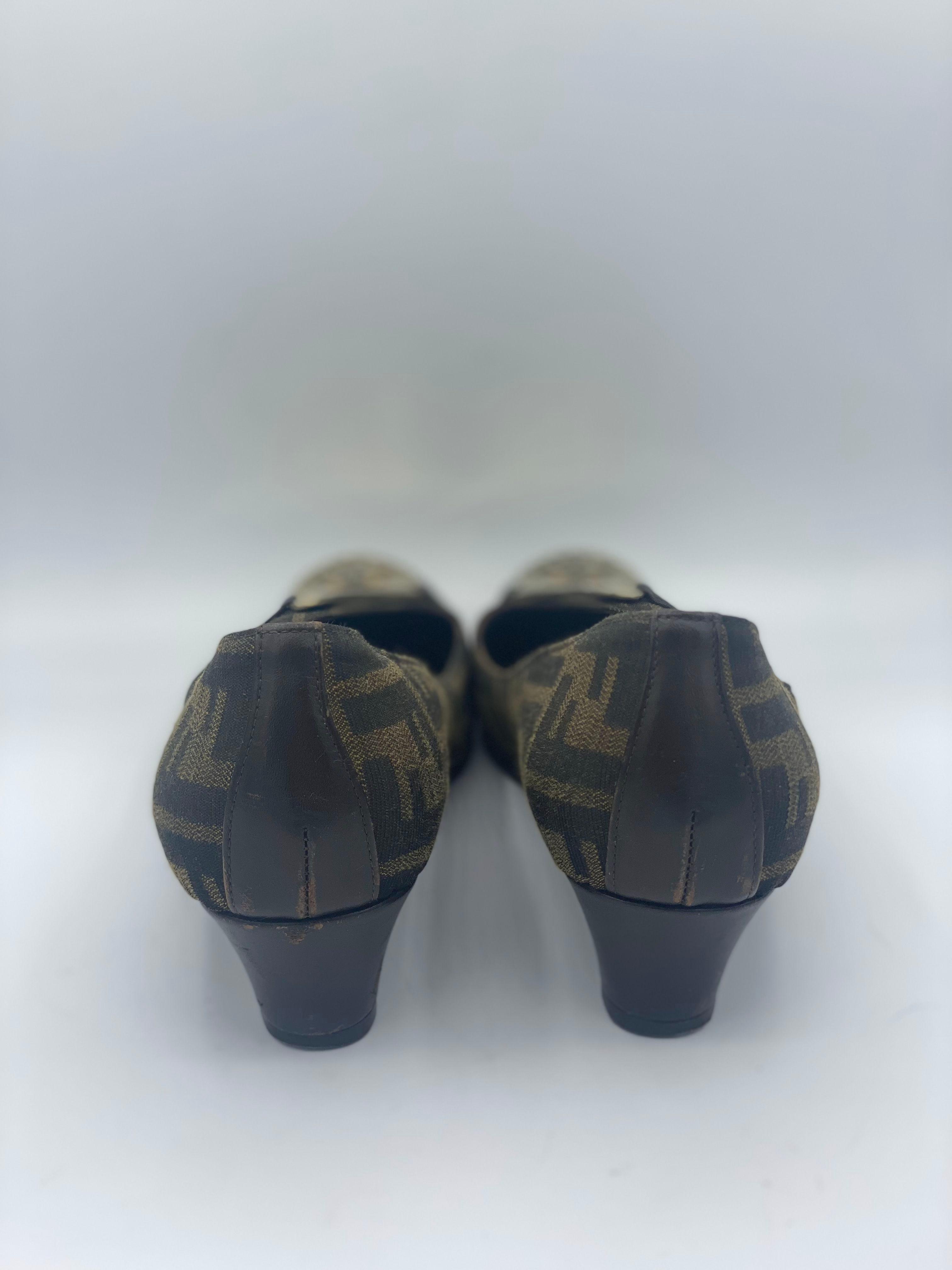 Fendi Brown Zucca Canvas And Leather Wedge Pumps thumbnail 2