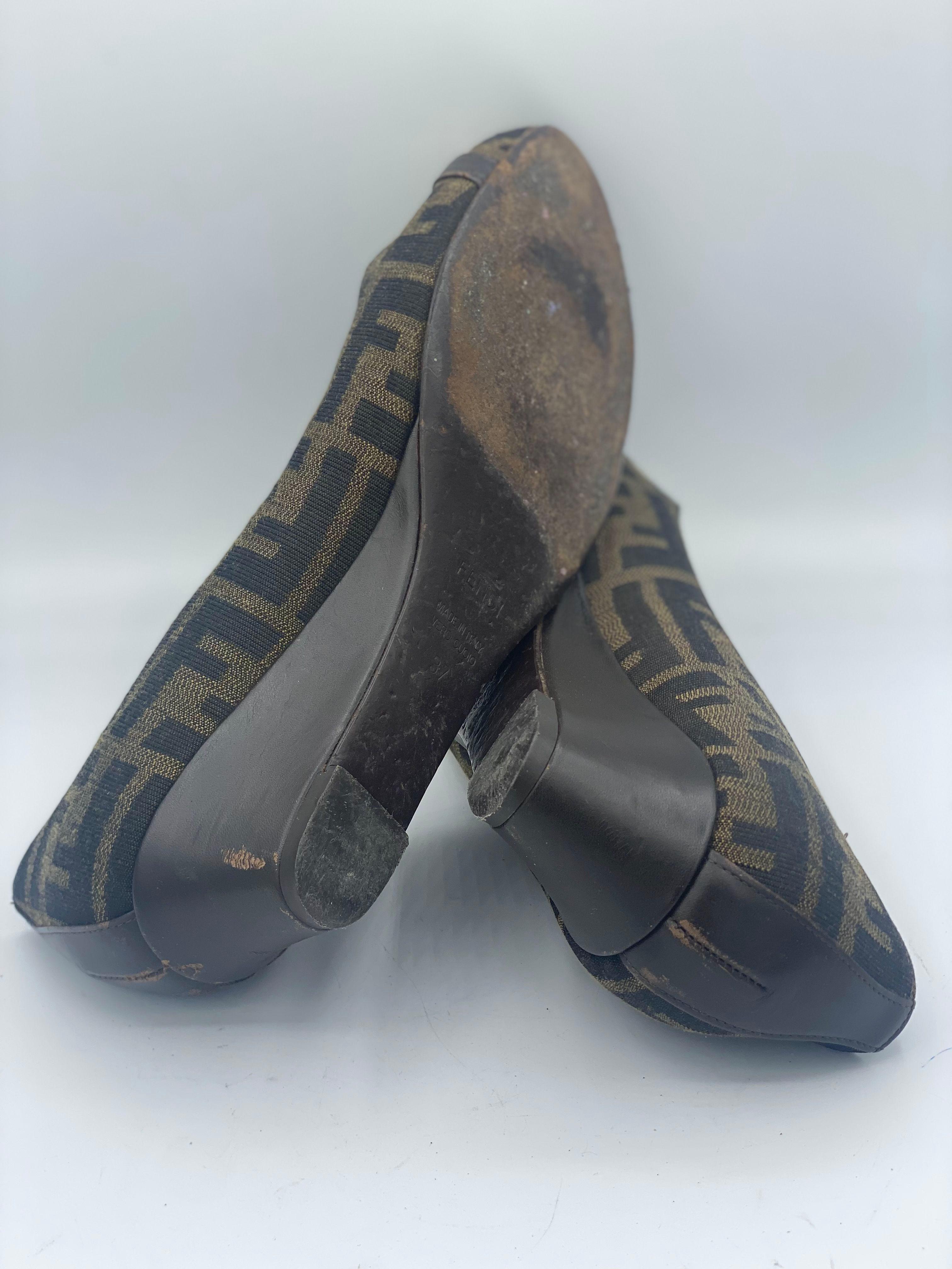 Fendi Brown Zucca Canvas And Leather Wedge Pumps thumbnail 3