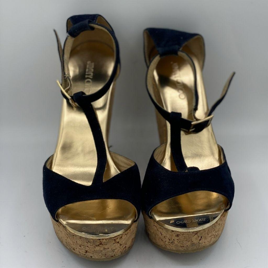 Jimmy Choo Suede Leather Pania Cork Wedge T Strap Sandals