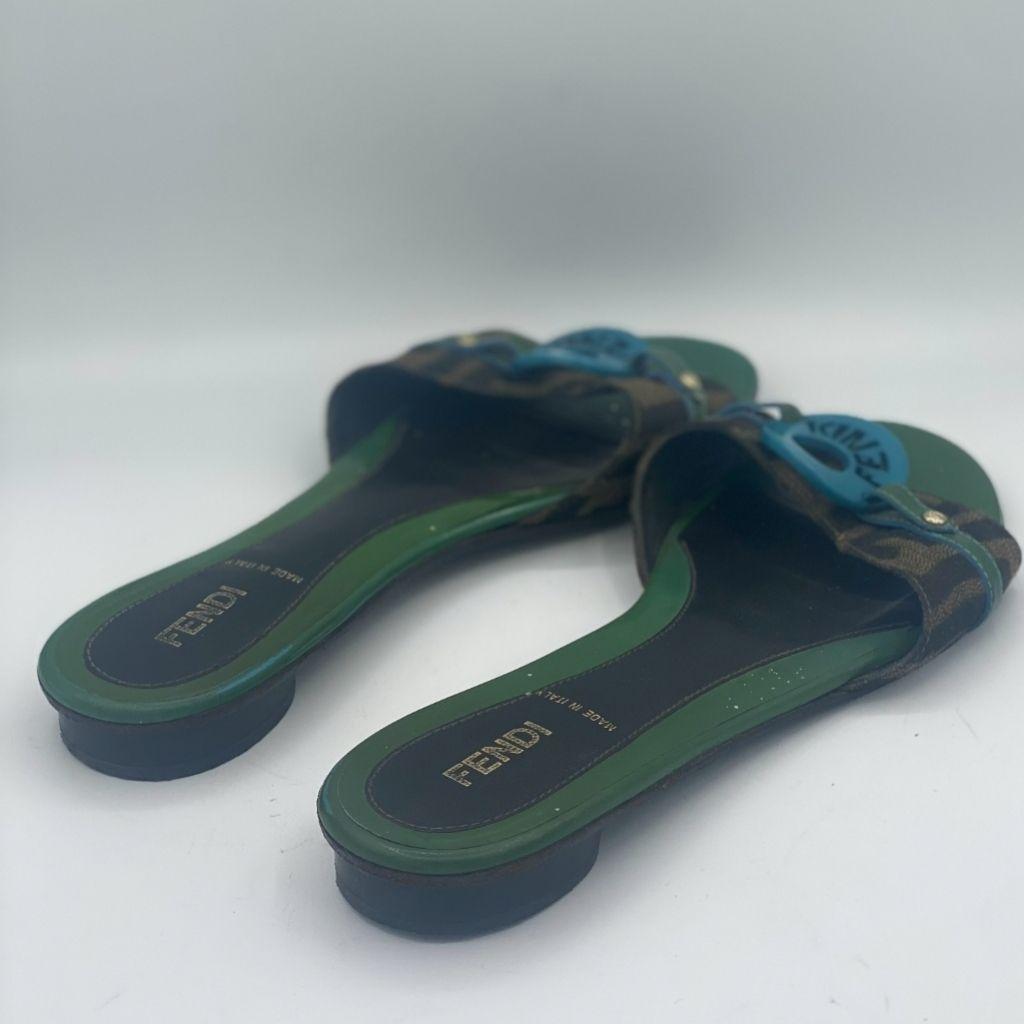 Fendi Brown & Green Zucca Canvas & Patent Leather Flat Slides