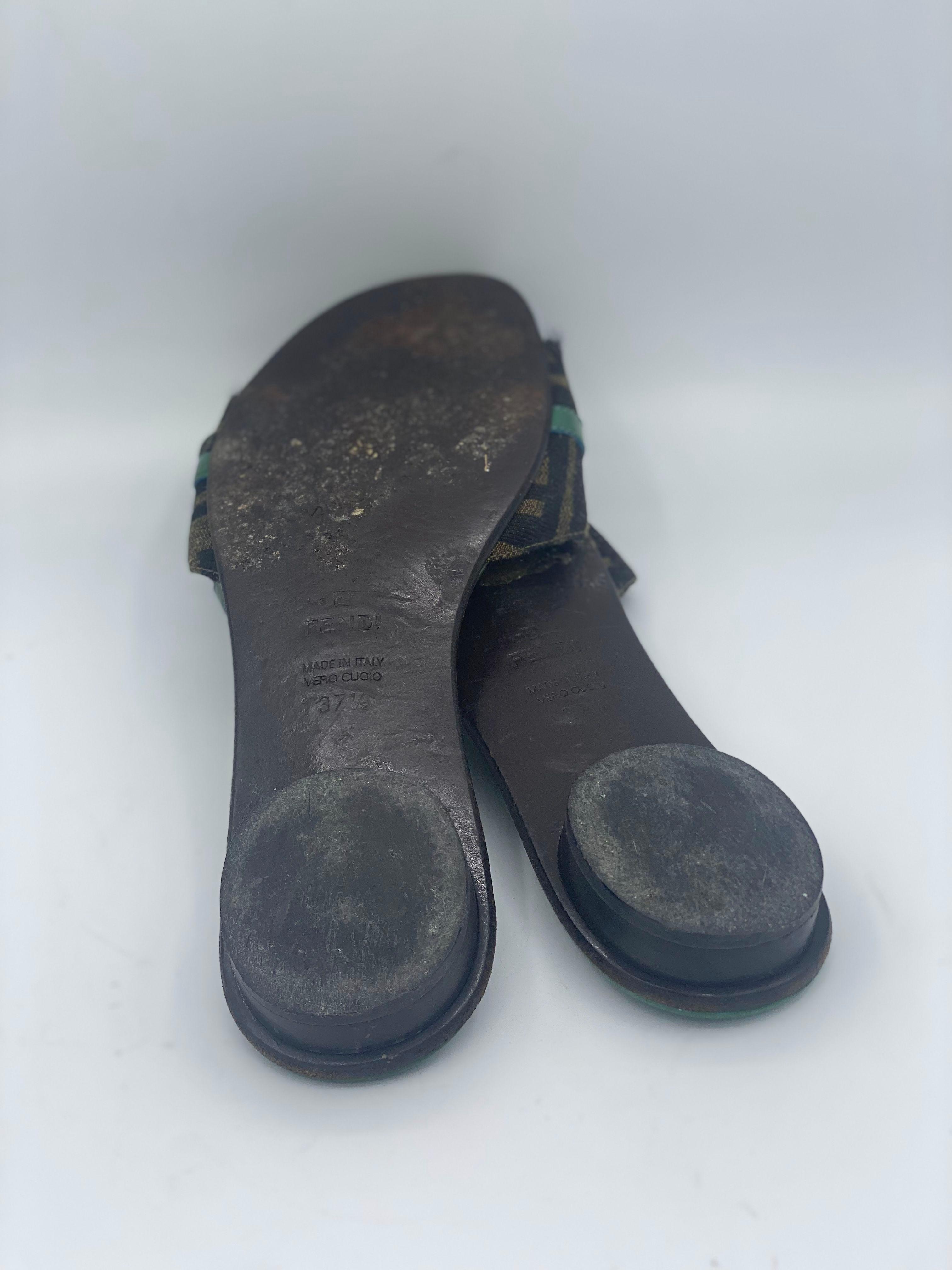 Fendi Brown & Green Zucca Canvas & Patent Leather Flat Slides thumbnail 2