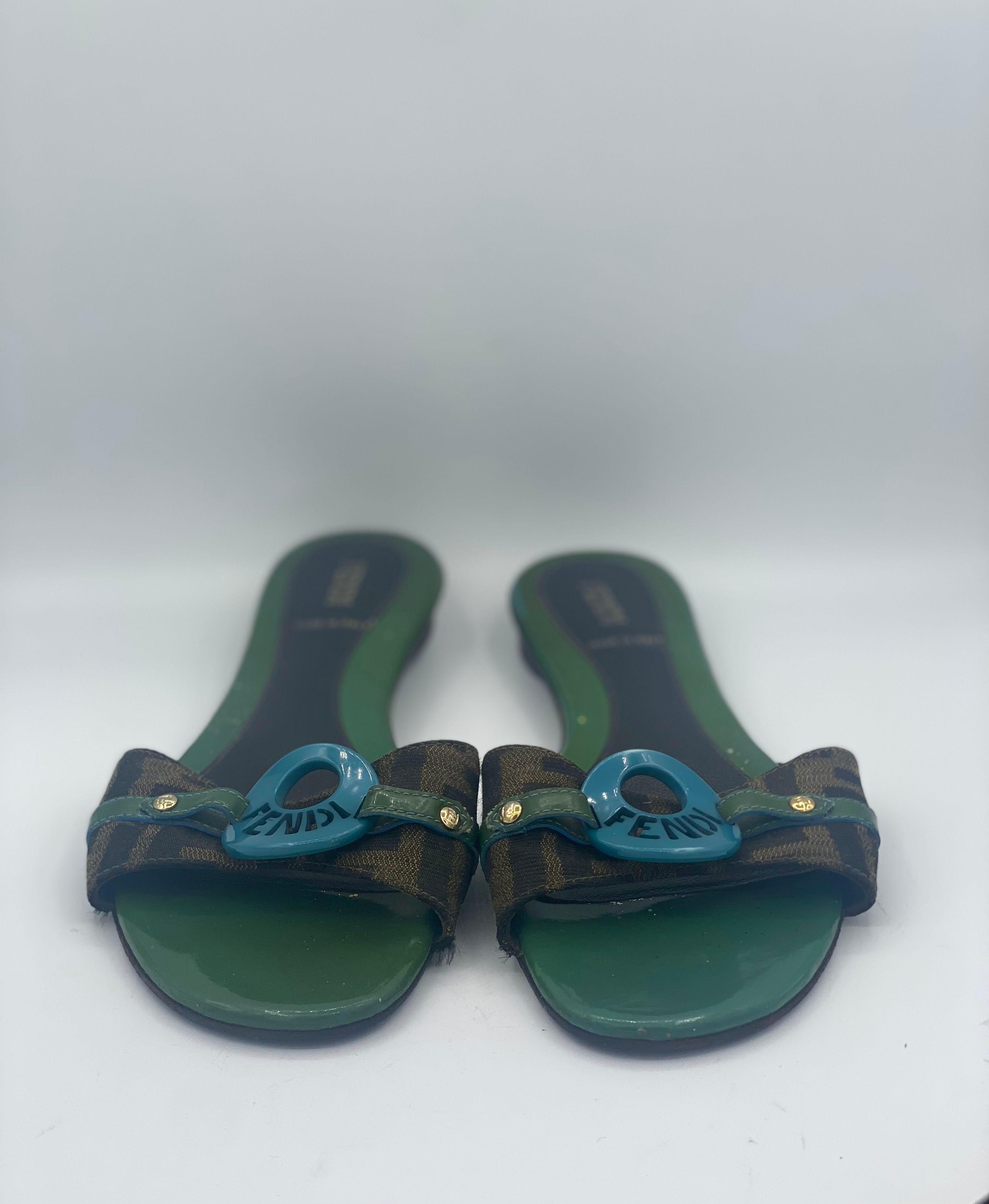 Fendi Brown & Green Zucca Canvas & Patent Leather Flat Slides thumbnail 3