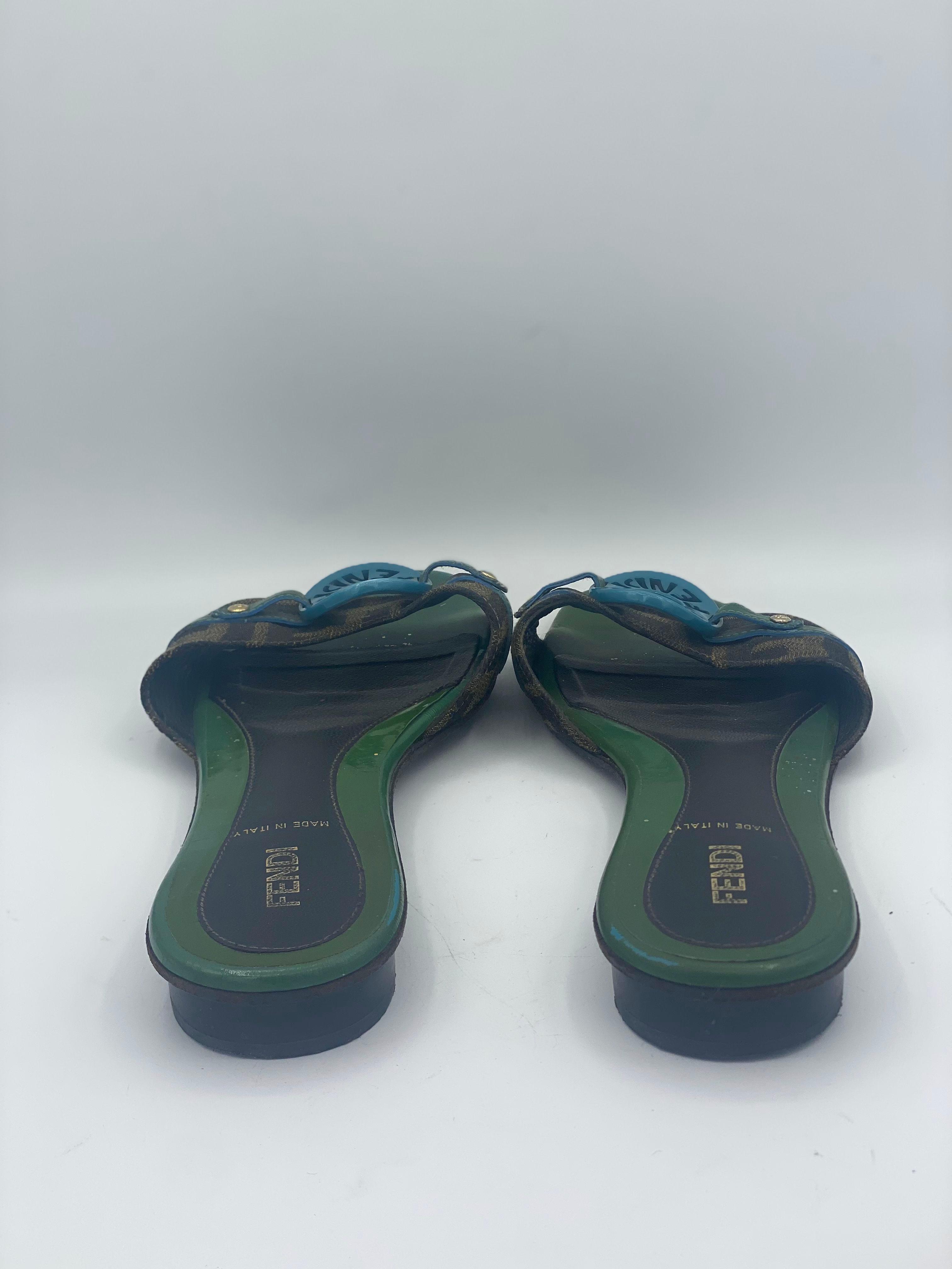 Fendi Brown & Green Zucca Canvas & Patent Leather Flat Slides thumbnail 4