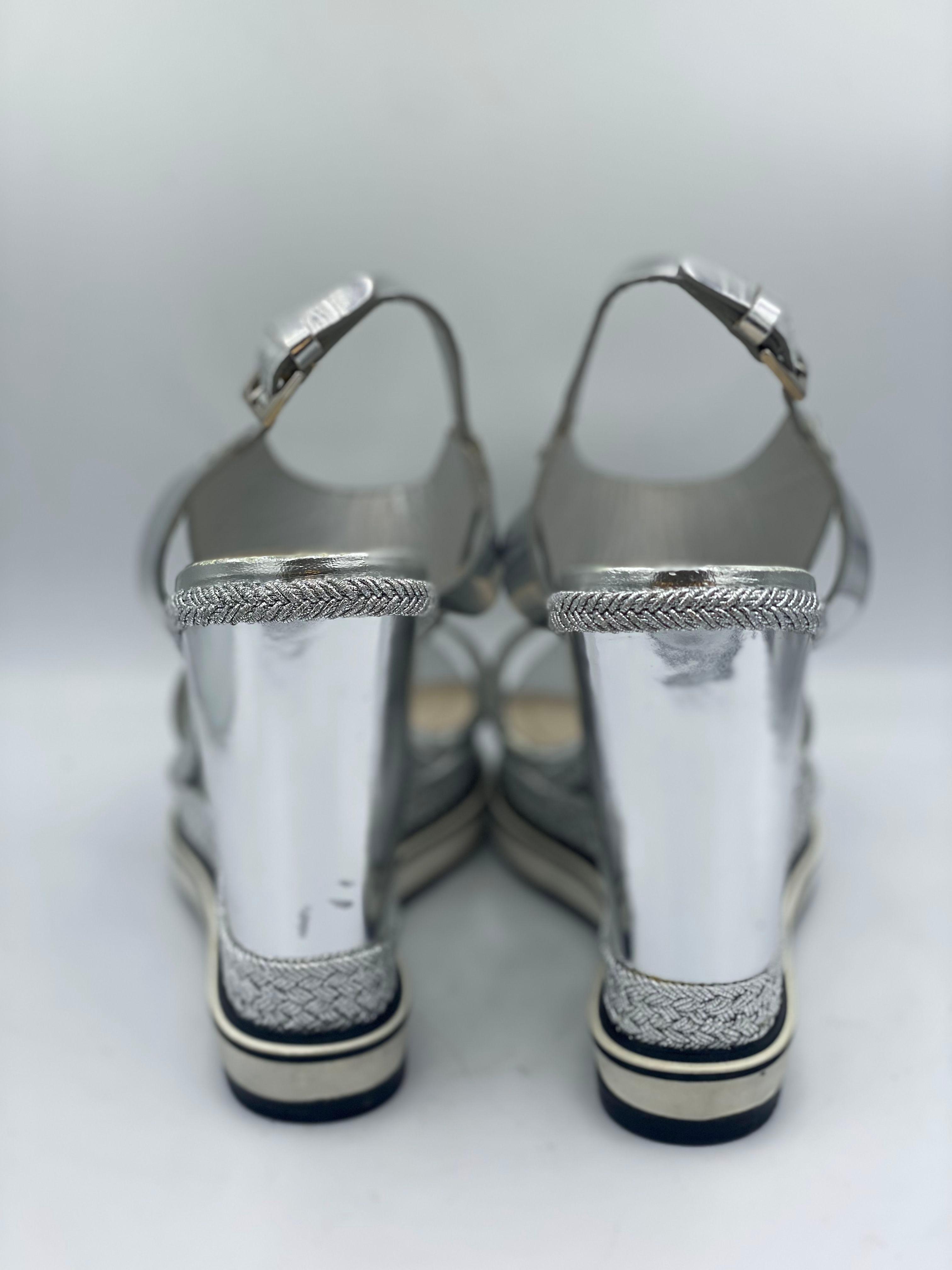 Nicholas Kirkwood Metallic Silver Foil Leather Wedge Espadrille Ankle Strap Sandals Size 37 thumbnail 2