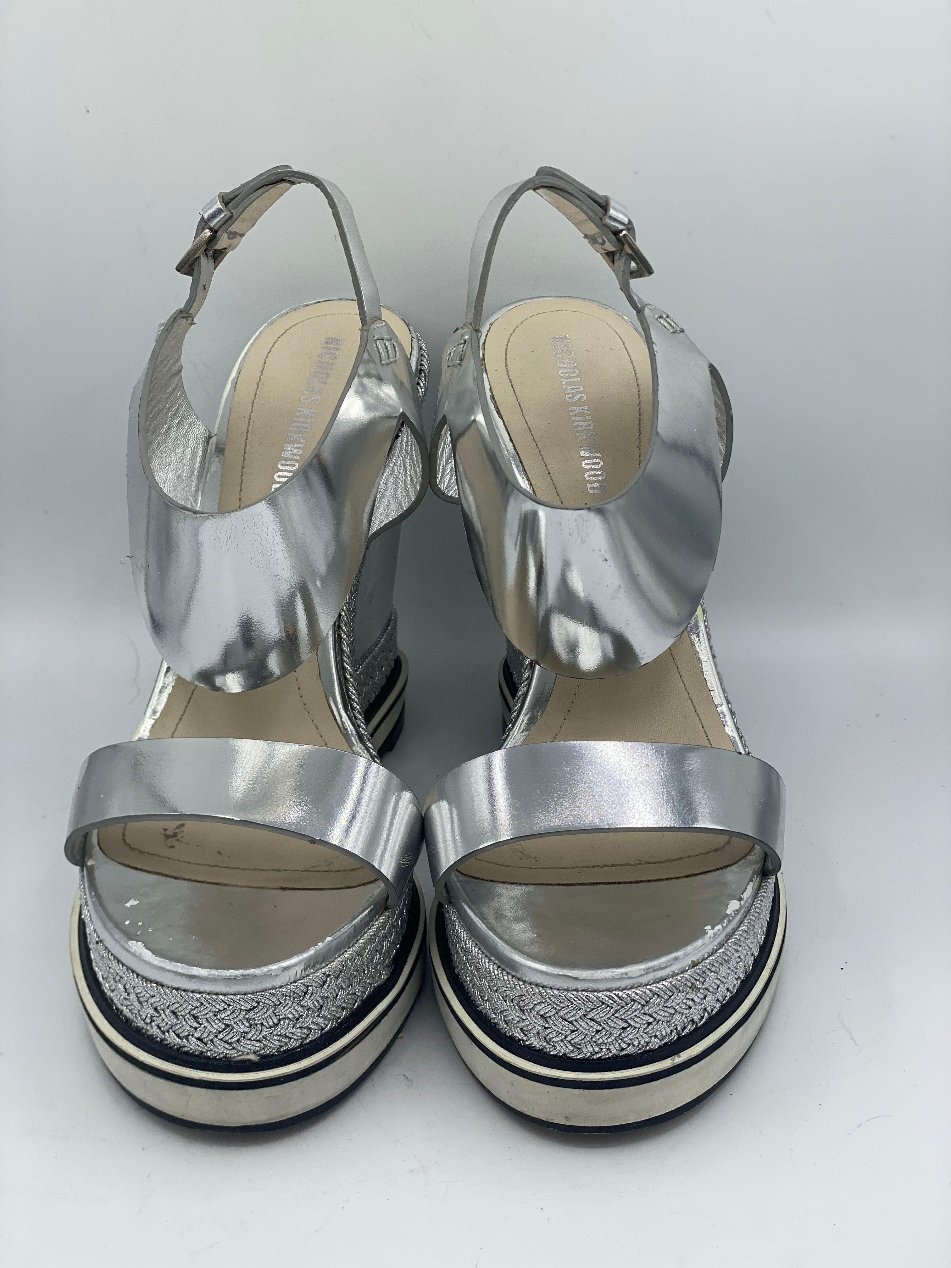 Nicholas Kirkwood Metallic Silver Foil Leather Wedge Espadrille Ankle Strap Sandals Size 37 thumbnail 4