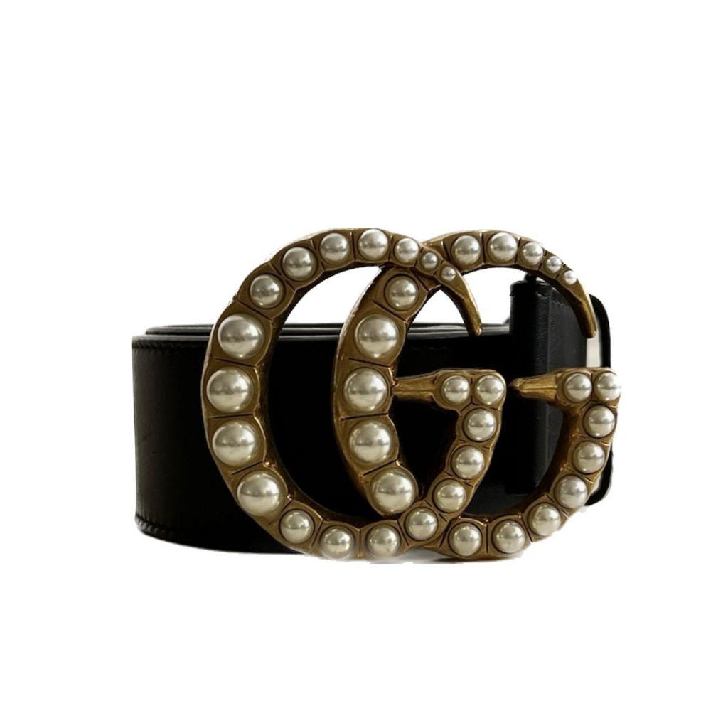 Gucci Black Leather Pearl Embellished Double G Buckle Belt