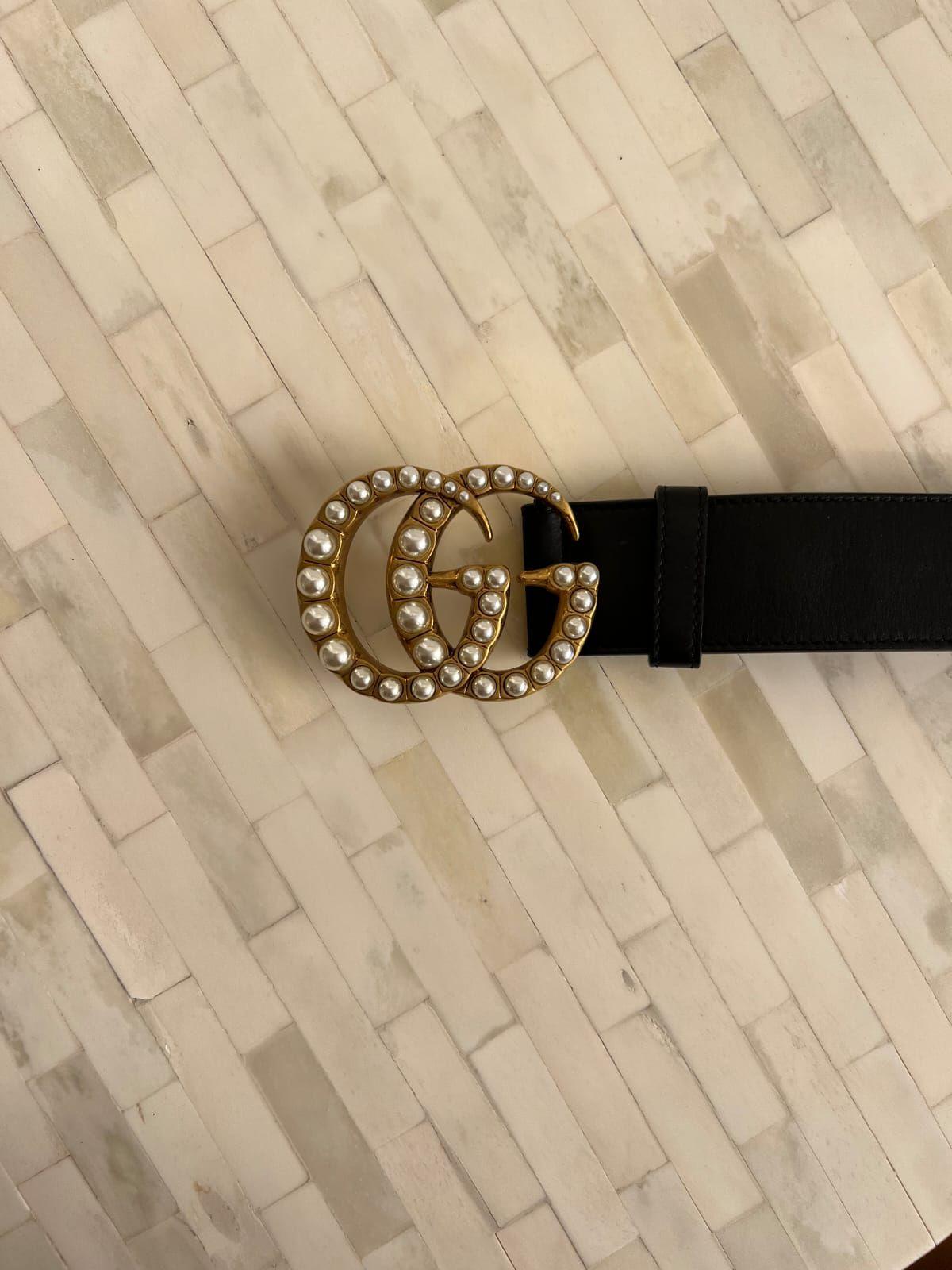 Gucci Black Leather Pearl Embellished Double G Buckle Belt thumbnail 2