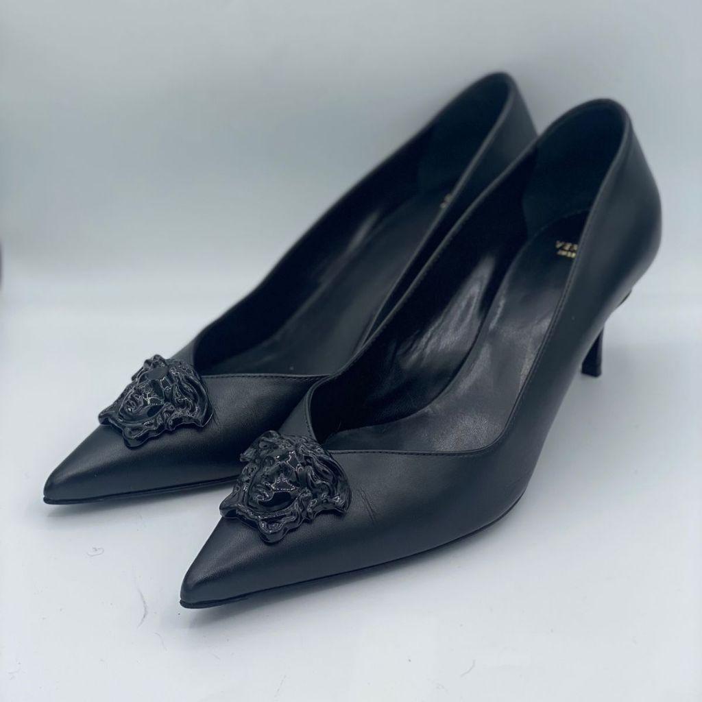 Versace Black Leather Medusa Pointed Toe Pumps