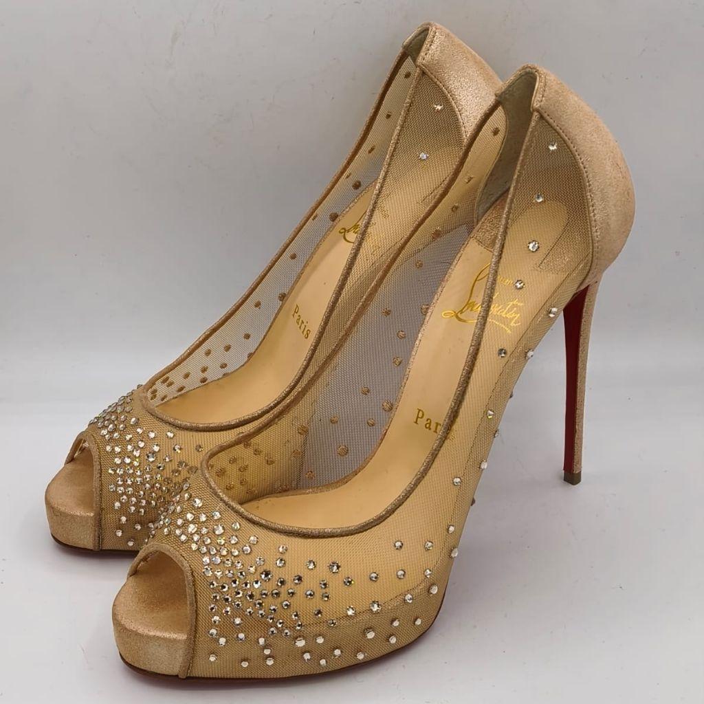 Christian Louboutin Gold Mesh And Leather Trim Follies Strass Pointed Toe Pumps Size 39