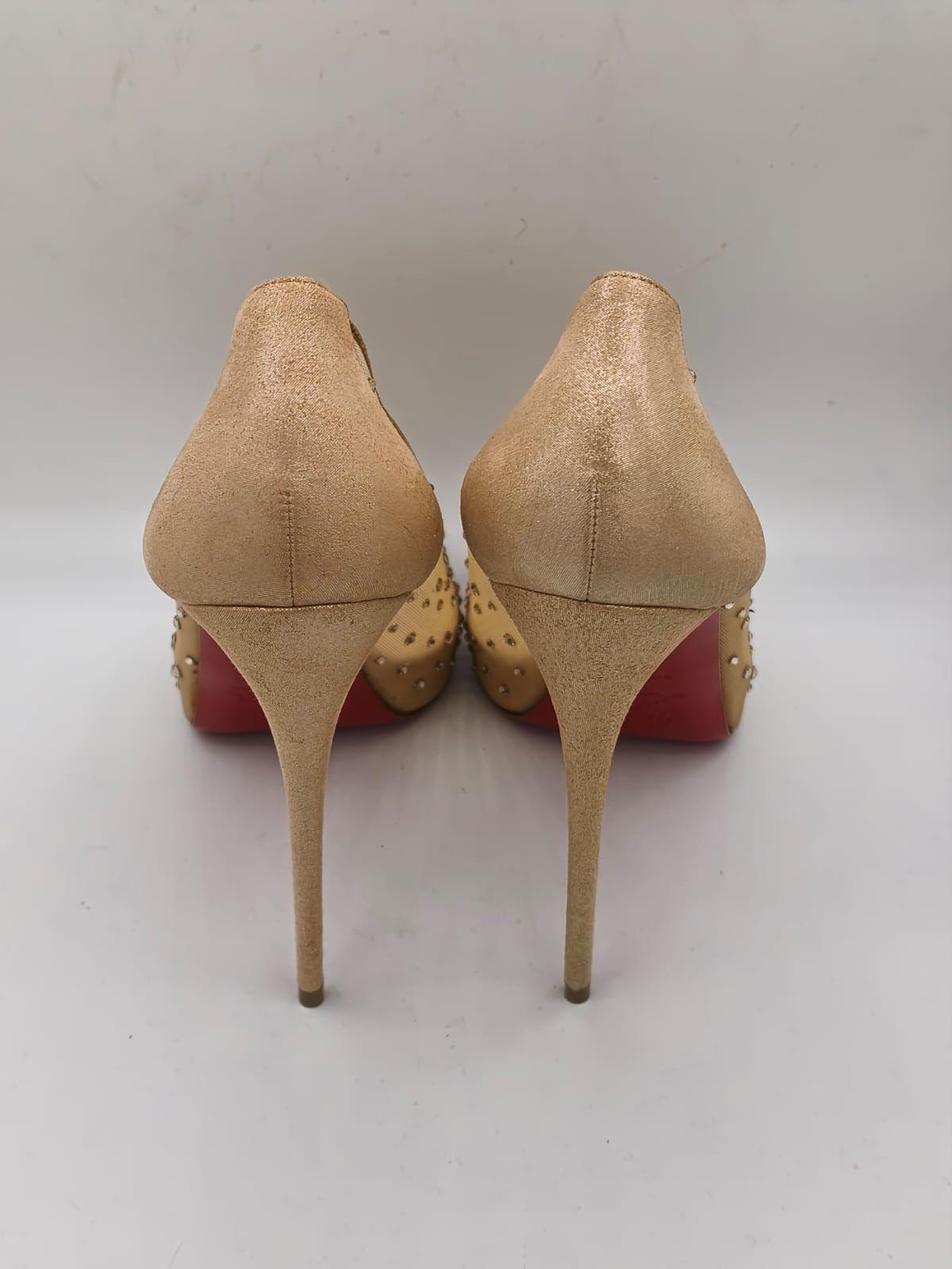 Christian Louboutin Gold Mesh And Leather Trim Follies Strass Pointed Toe Pumps Size 39 thumbnail 2
