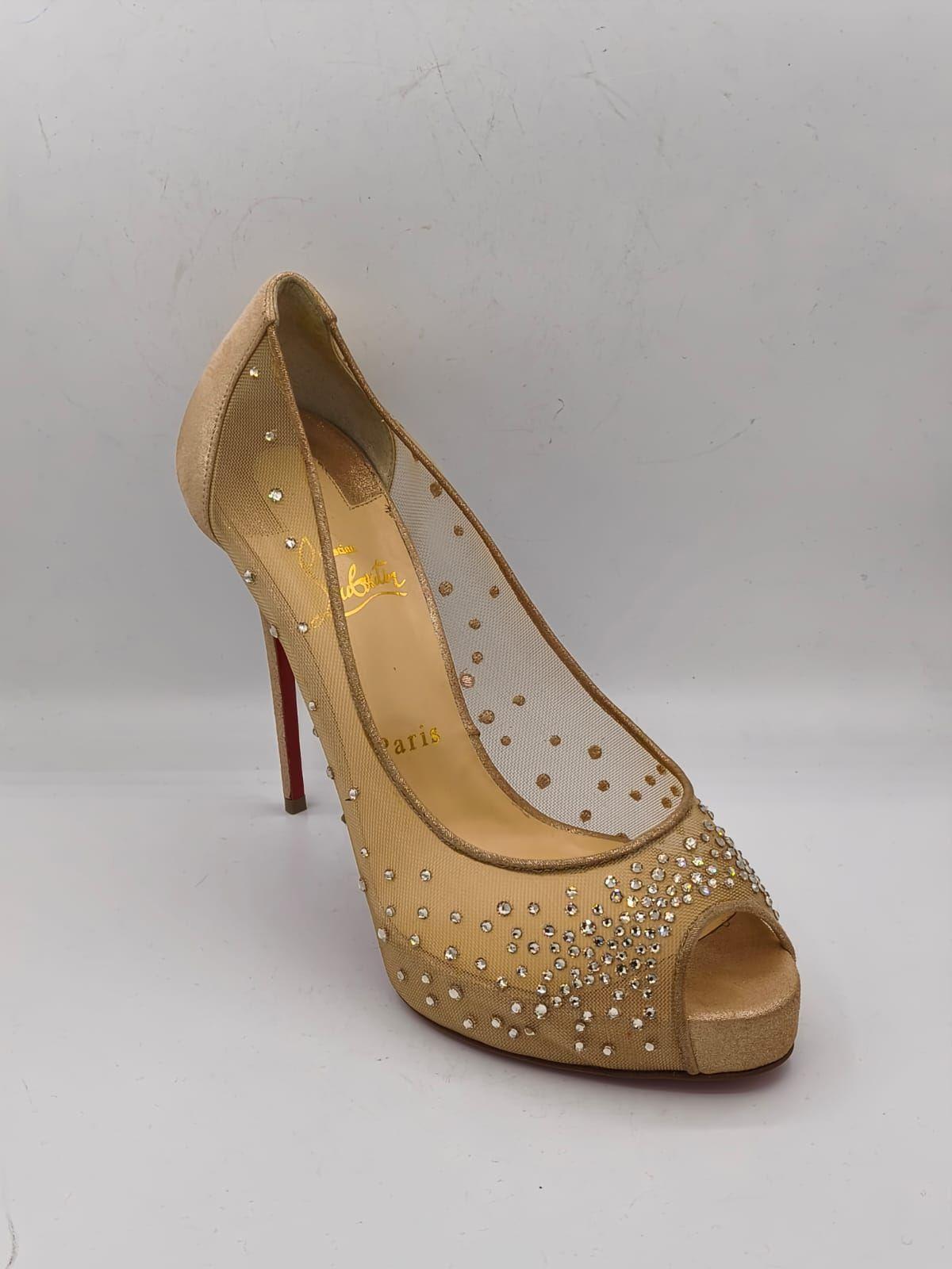 Christian Louboutin Gold Mesh And Leather Trim Follies Strass Pointed Toe Pumps Size 39 thumbnail 6