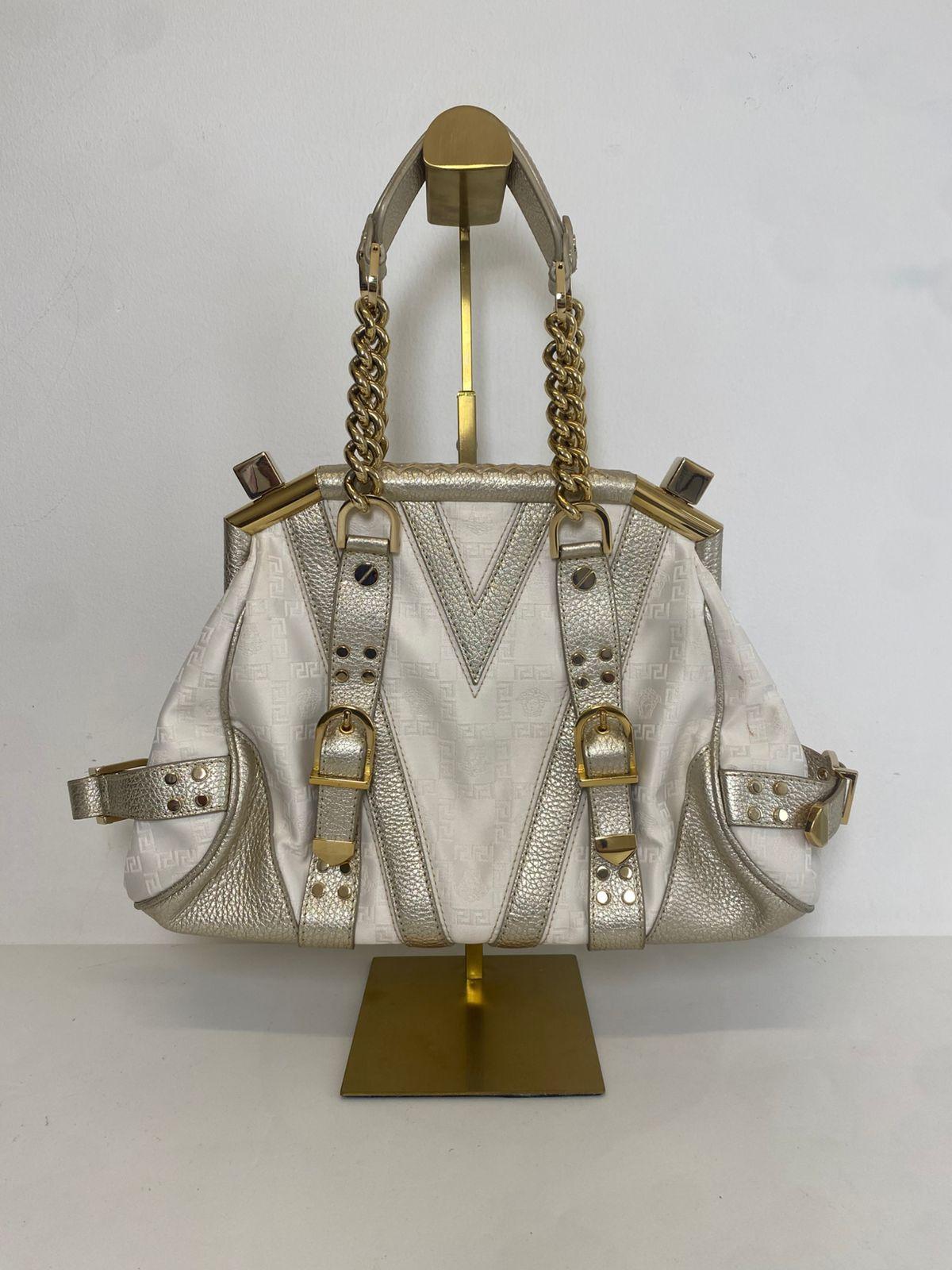 Versace Beige/Metallic Canvas & Leather Madonna Boston Bag thumbnail 4