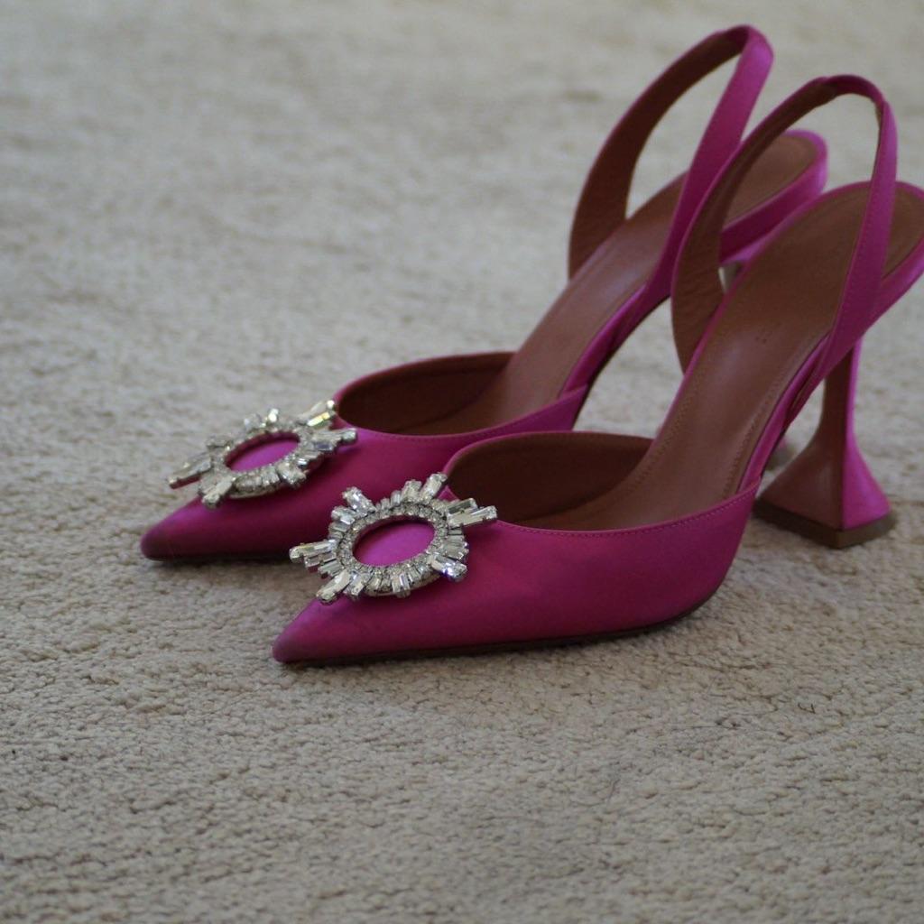 Amina Muaddi Pink Satin Begum Slingback Pumps