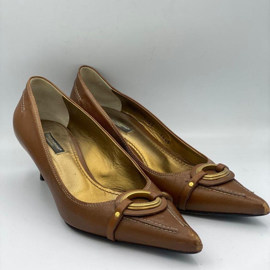 Dolce & Gabbana Brown Leather Logo Pointed Toe Slingback Pumps thumbnail 1