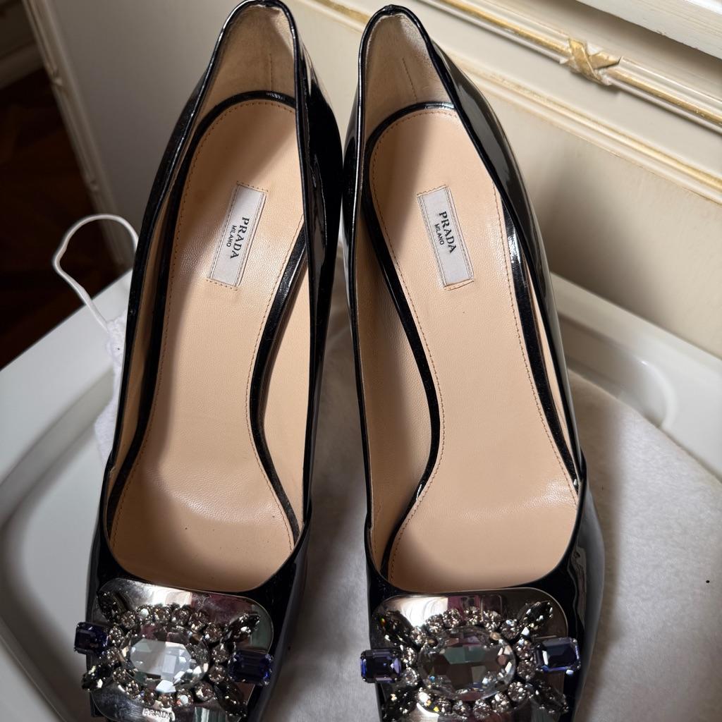 High heel black Prada shoes with crystal embellishments