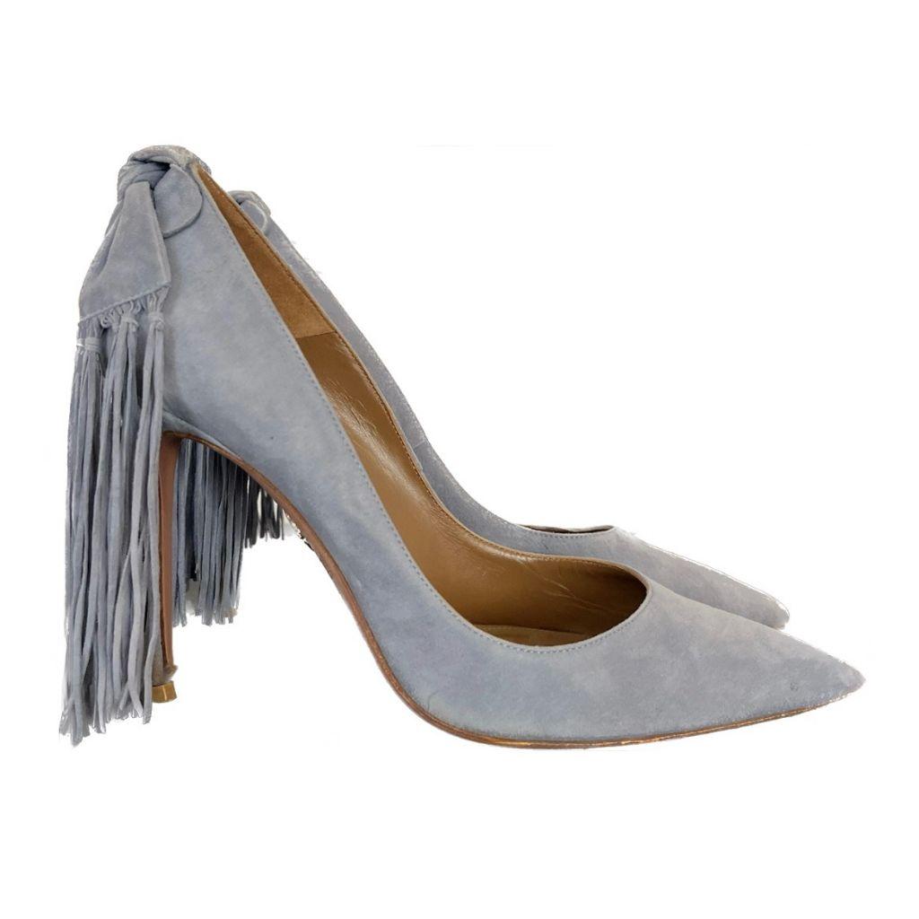 Aquazzura Grey Suede Bow Fringe Pumps