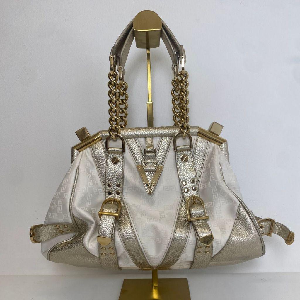 Versace Beige/Metallic Canvas & Leather Madonna Boston Bag
